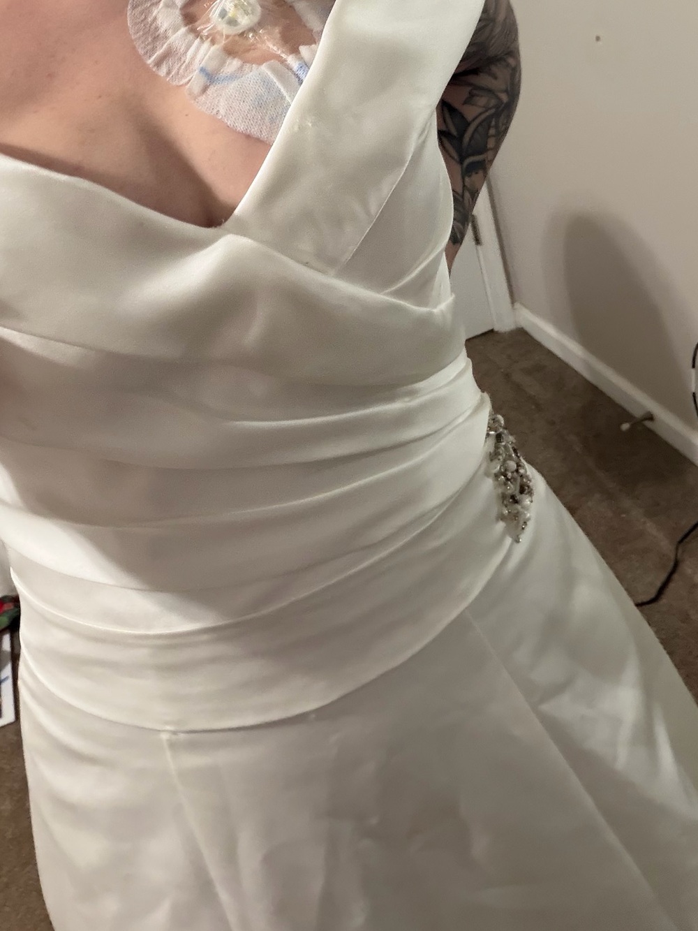 DaVinci Ivory Satin Off-Shoulder Wedding Dress with Side Jewel Accent